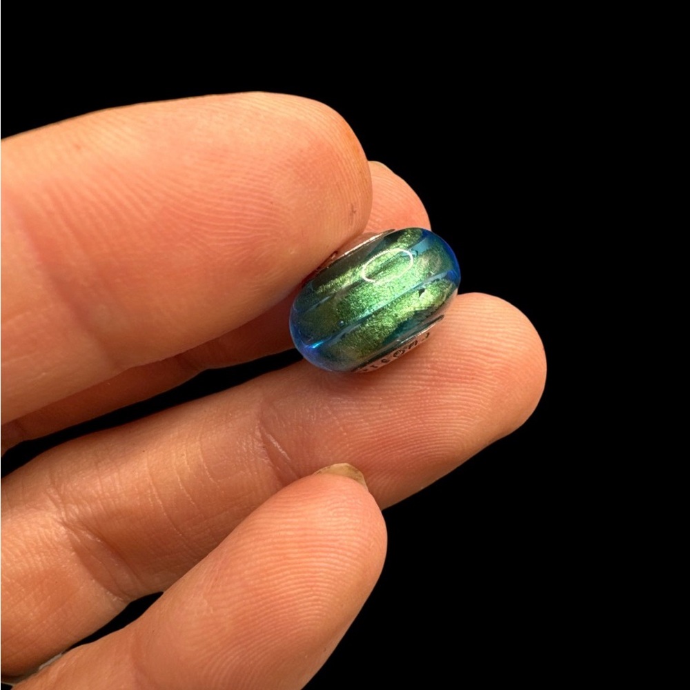 Sterling Silver Persona Fused Blue Green Glitter Glass Bead Metallic Glitter